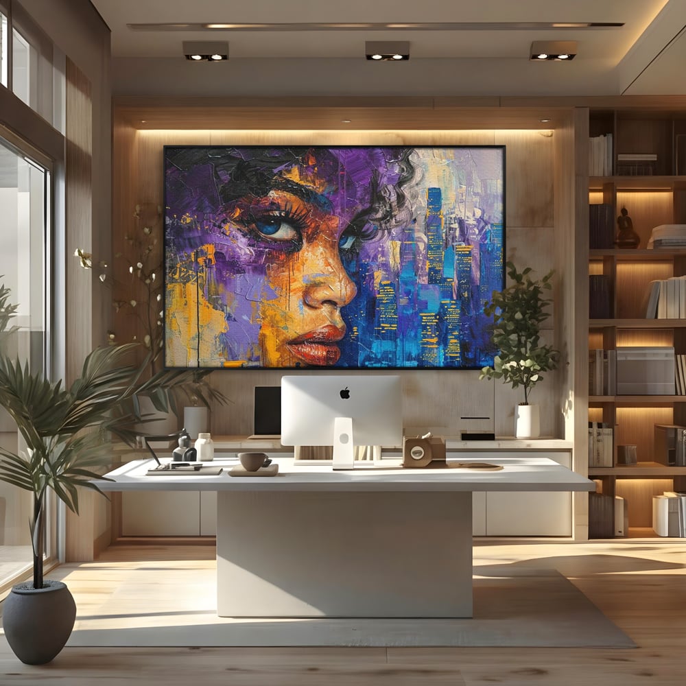 Tablou canvas cu pictura digitala cu profil de femeie, in rama de aluminiu negru, pe perete intr-un birou